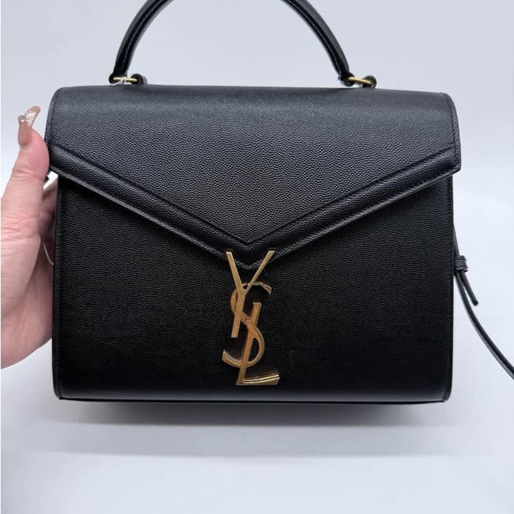 Saint Laurent Black Leather Satchel with Gold YSL Emblem ( Medium )